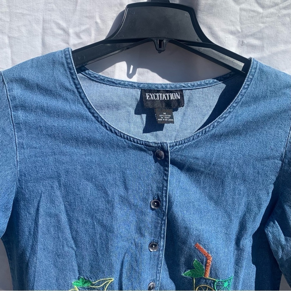 Vintage Excitation Denim Embroidered Appliqué Spring Summer Button Up Sz Medium - Picture 2 of 8